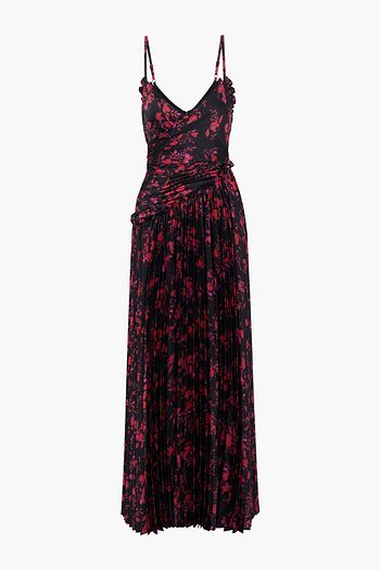 ML MONIQUE LHUILLIER Wrap-effect pleated floral-print satin maxi slip dress