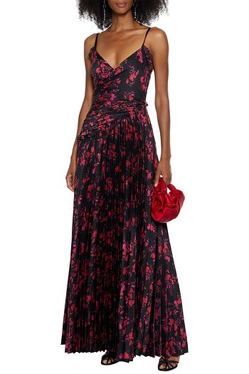 ML MONIQUE LHUILLIER Wrap-effect pleated floral-print satin maxi slip dress