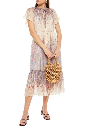 ZIMMERMANN Midikleid aus Seidenkrepon mit Print, Raffung und Gürtel