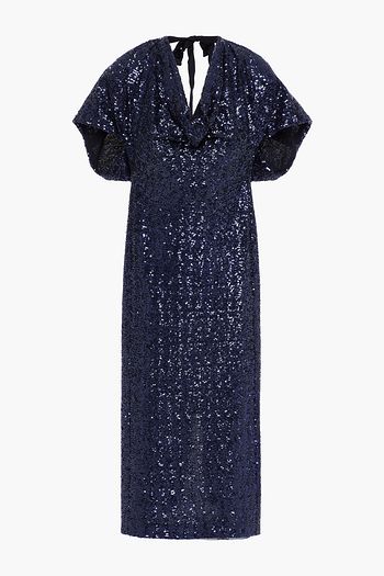 ROLAND MOURET Marianne draped sequined stretch-tulle midi dress