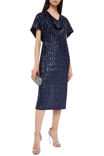 ROLAND MOURET Marianne draped sequined stretch-tulle midi dress