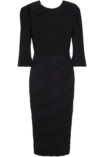 ROLAND MOURET Palatine jacquard-paneled crocheted lace-trimmed crepe midi dress