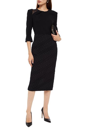ROLAND MOURET Palatine jacquard-paneled crocheted lace-trimmed crepe midi dress