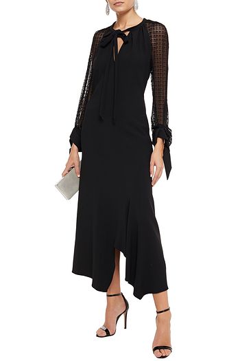 ROLAND MOURET Pussy-bow lace-paneled crepe midi dress