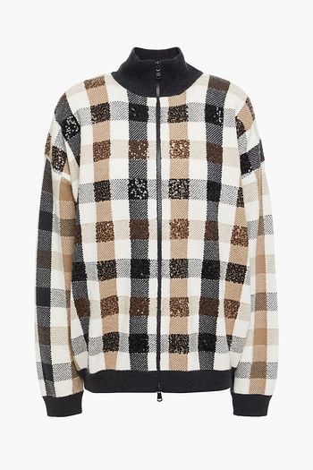 BRUNELLO CUCINELLI Embellished checked intarsia wool, cashmere and silk-blend sweater