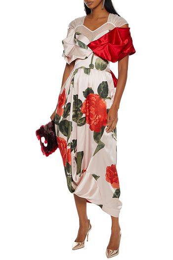 SIMONE ROCHA Tulle-paneled draped floral-print silk-satin midi dress