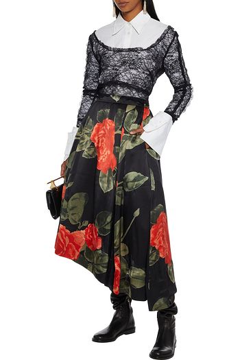 SIMONE ROCHA Asymmetric pleated floral-print silk-satin midi skirt