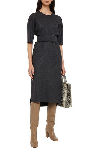 BRUNELLO CUCINELLI Belted bead-embellished stretch-wool midi dress