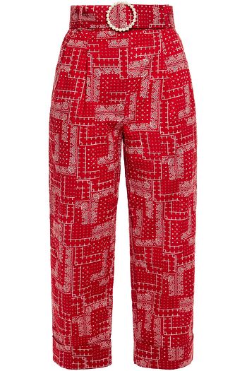 SHRIMPS Cropped belted printed cotton-seersucker tapered pants