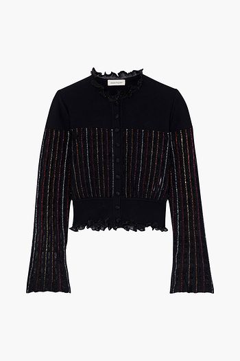 ALEXANDER MCQUEEN Ruffled burnout-effect metallic stretch-knit cardigan