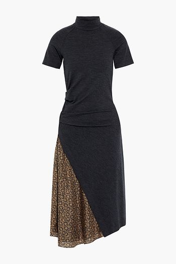 BRUNELLO CUCINELLI Mélange wool-blend jersey and printed silk crepe de chine dress