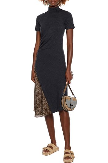 BRUNELLO CUCINELLI Mélange wool-blend jersey and printed silk crepe de chine dress