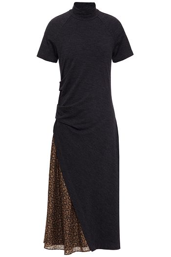 BRUNELLO CUCINELLI Wool-blend jersey and printed silk crepe de chine midi dress
