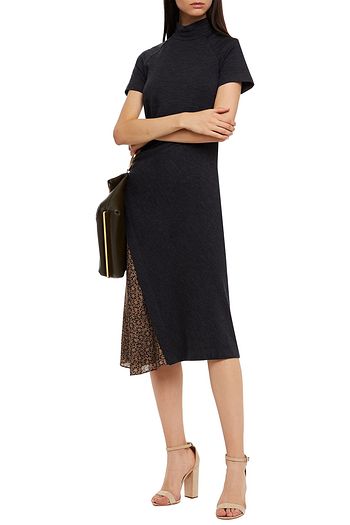 BRUNELLO CUCINELLI Wool-blend jersey and printed silk crepe de chine midi dress