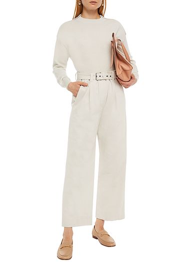 BRUNELLO CUCINELLI Belted cotton and linen-blend twill wide-leg pants