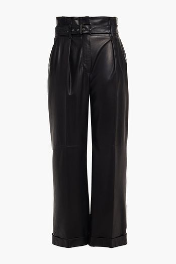 BRUNELLO CUCINELLI Belted bead-embellished leather straight-leg pants