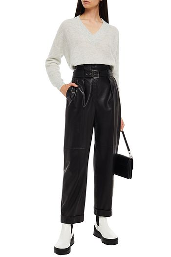 BRUNELLO CUCINELLI Belted bead-embellished leather straight-leg pants