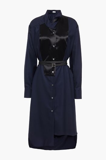 LOEWE Belted leather-trimmed wool-twill midi shirt dress