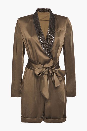 BRUNELLO CUCINELLI Belted embellished satin playsuit