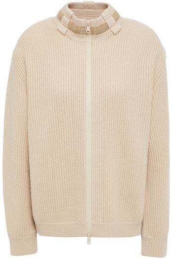 BRUNELLO CUCINELLI Bead-embellished metallic ribbed cashmere-blend cardigan