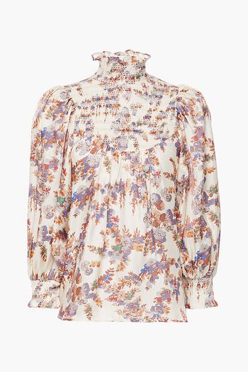 BYTIMO Smocked floral-print metallic woven blouse