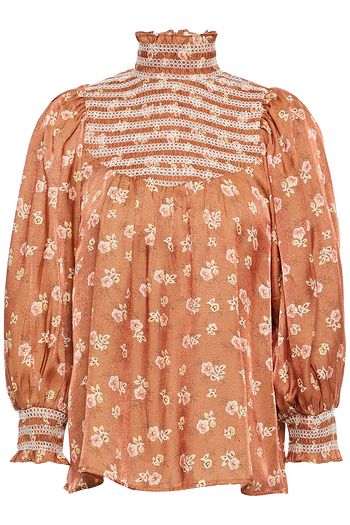 BYTIMO Smocked floral-print metallic woven blouse