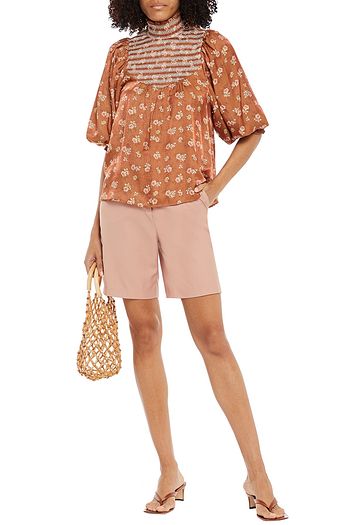 BYTIMO Smocked floral-print metallic woven blouse
