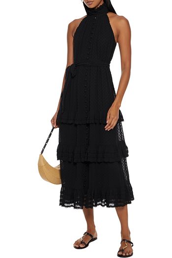 ZIMMERMANN Tiered belted plissé-trimmed fil coupé chiffon midi dress