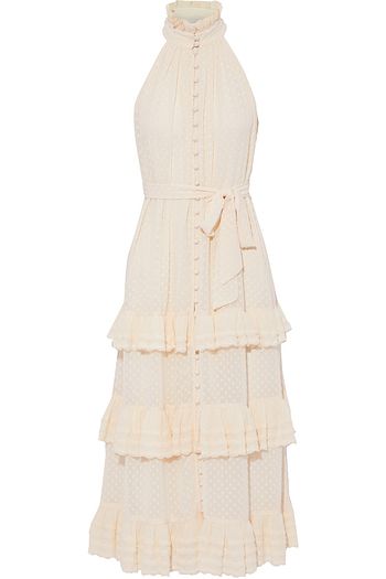 ZIMMERMANN Tiered belted plissé-trimmed fil coupé chiffon midi dress