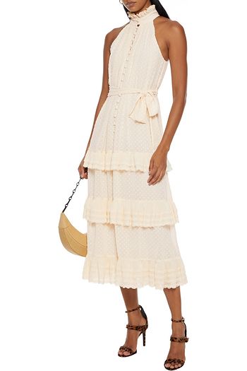 ZIMMERMANN Tiered belted plissé-trimmed fil coupé chiffon midi dress