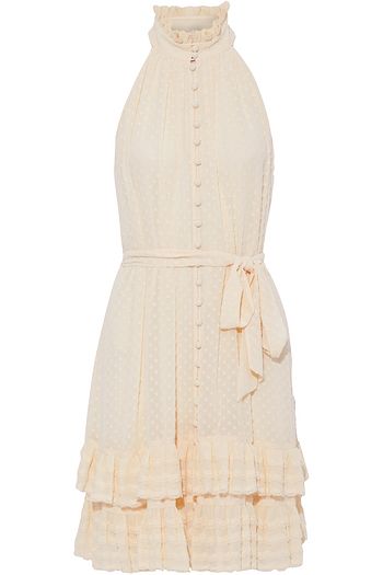 ZIMMERMANN Tiered belted plissé-trimmed fil coupé chiffon dress