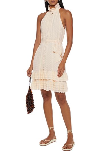 ZIMMERMANN Tiered belted plissé-trimmed fil coupé chiffon dress