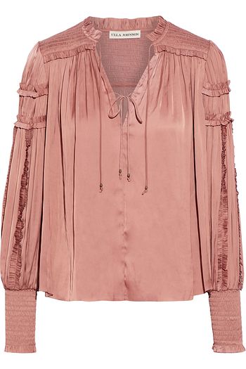 ULLA JOHNSON Fernanda ruffle-trimmed shirred washed-satin blouse