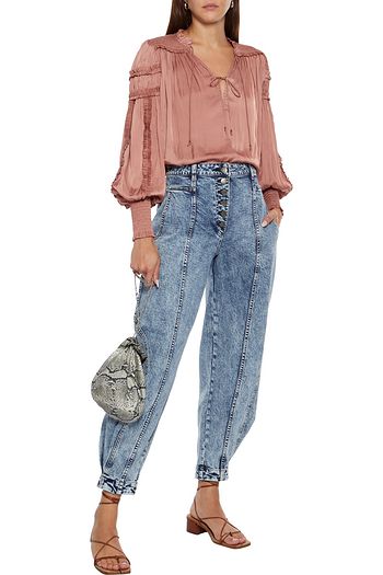 ULLA JOHNSON Fernanda ruffle-trimmed shirred washed-satin blouse