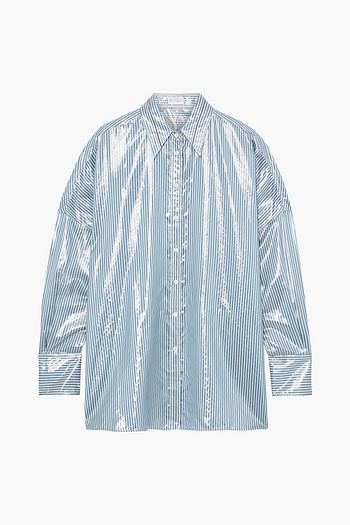 BRUNELLO CUCINELLI Bead-embellished striped silk-lamé shirt