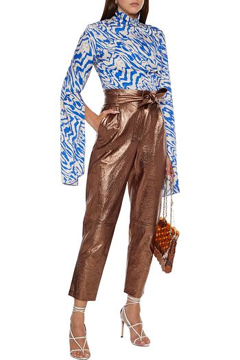 ALICE + OLIVIA Gabrielle belted metallic textured-leather tapered pants