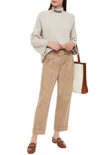 BRUNELLO CUCINELLI Cropped belted embellished cotton-blend twill straight-leg pants