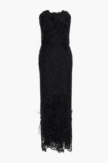 COSTARELLOS Feather-embellished strapless guipure lace midi dress