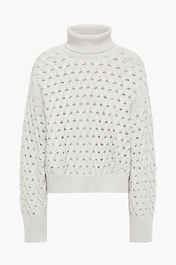 BRUNELLO CUCINELLI Cropped embellished cable-knit cashmere and silk-blend turtleneck sweater