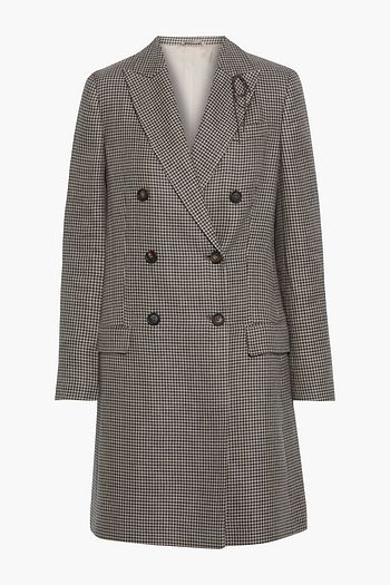 BRUNELLO CUCINELLI Double-breasted embellished houndstooth linen, wool and silk-blend coat