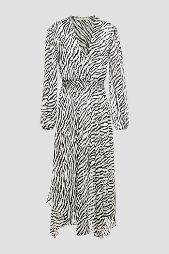 MAJE Wrap-effect metallic zebra-print satin-jacquard midi dress