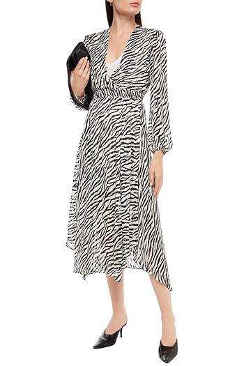 MAJE Wrap-effect metallic zebra-print satin-jacquard midi dress