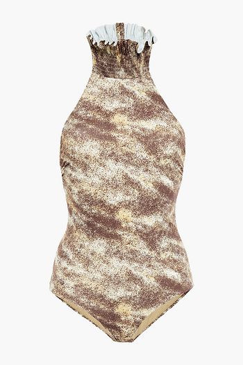 MARYSIA Ruffled printed halterneck swimsuit