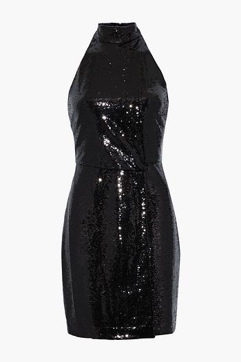HALSTON Wrap-effect sequined crepe de chine mini dress