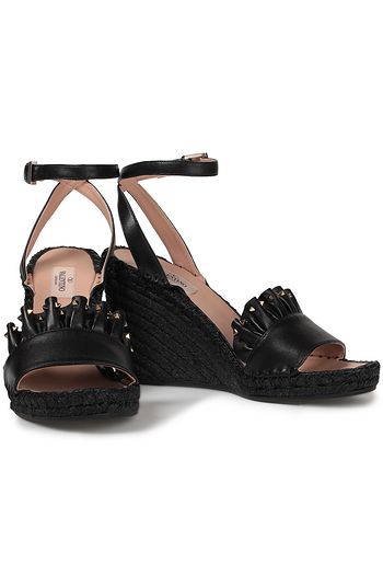 VALENTINO GARAVANI Studded ruffle-trimmed leather wedge espadrille sandals