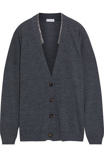 BRUNELLO CUCINELLI Bead-embellished mélange wool and cashmere-blend cardigan