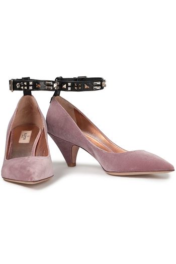 VALENTINO GARAVANI Embellished leather-trimmed velvet pumps