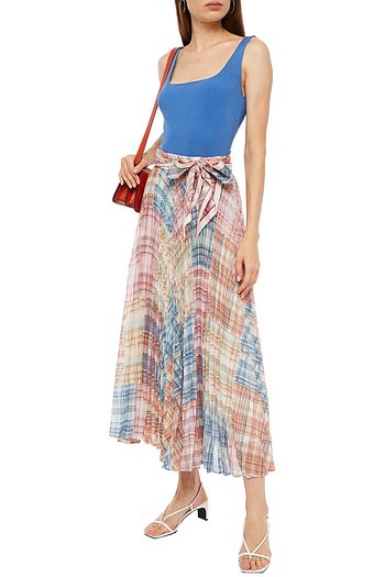 ZIMMERMANN Charm Sunray belted pleated checked crepe de chine midi skirt