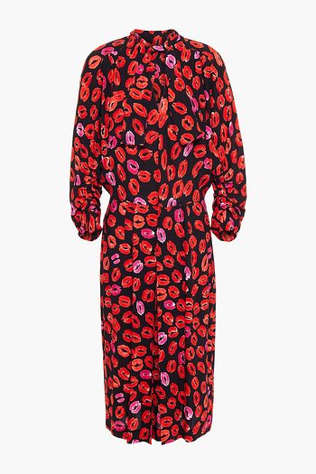 MARNI Pussy-bow pleated printed crepe midi dress