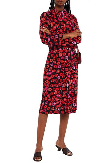 MARNI Pussy-bow pleated printed crepe midi dress
